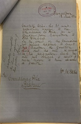 QSA564419 1884 Letter from William Stiles to Commissioner of Police 18 June, William Stiles Police Staff file